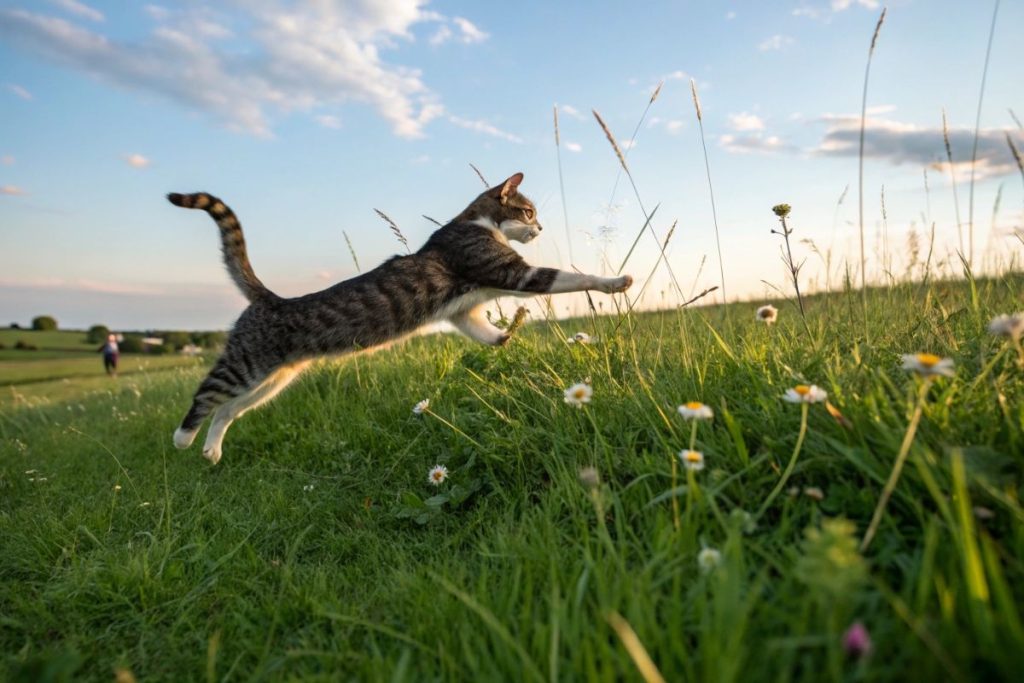 Chat tigré qui bondit dans les herbes hautes au coucher du soleil