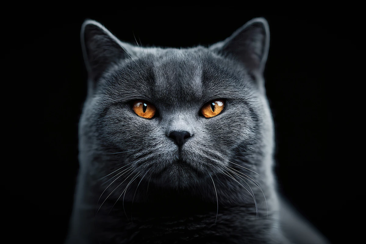 Chat à la robe bleu-gris et aux yeux orange, sur un fond noir