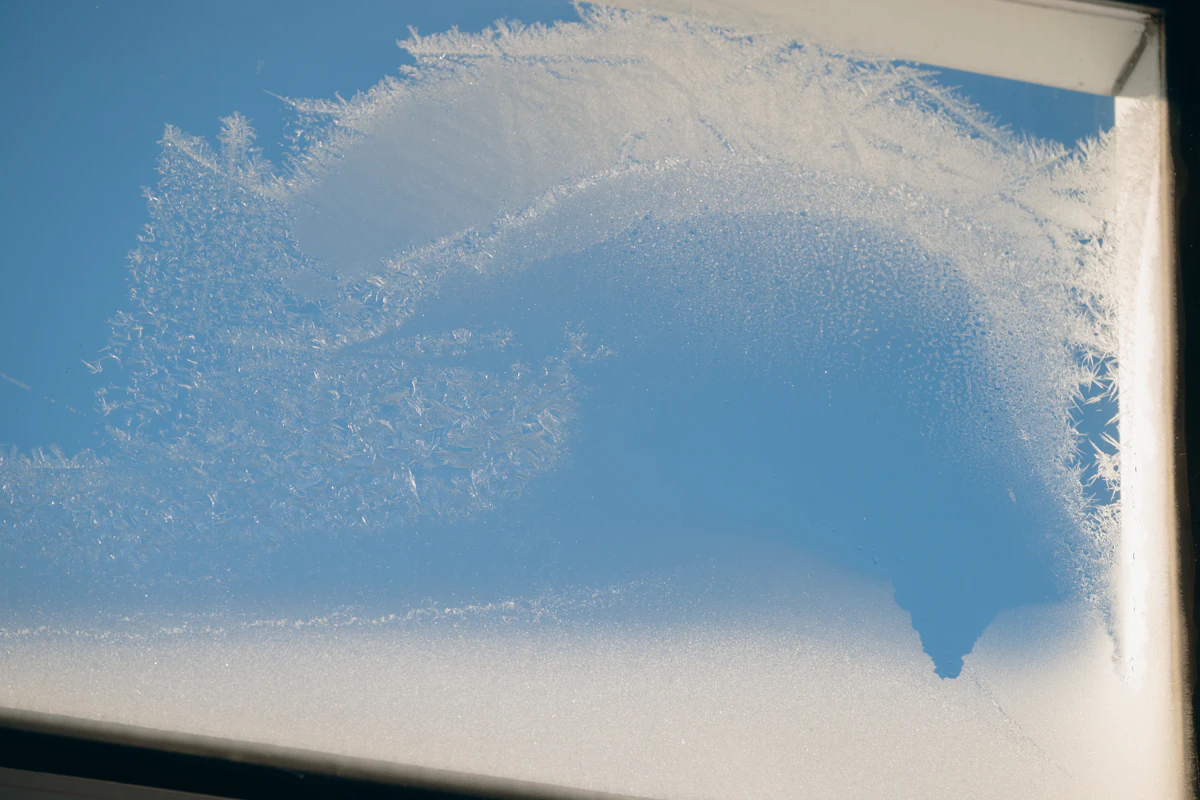 Motifs de givre blanc qui se détachent sur un ciel bleu d'hiver