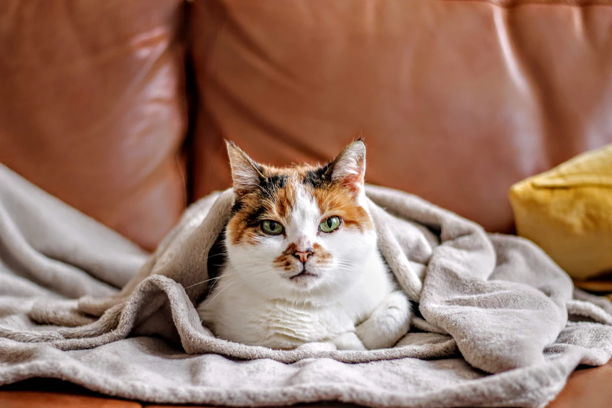 Chat de compagnie installé sous une couverture qui le recouvre