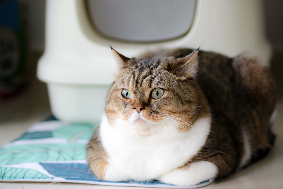 Chat marron et blanc installé sur un tissu bleu et blanc